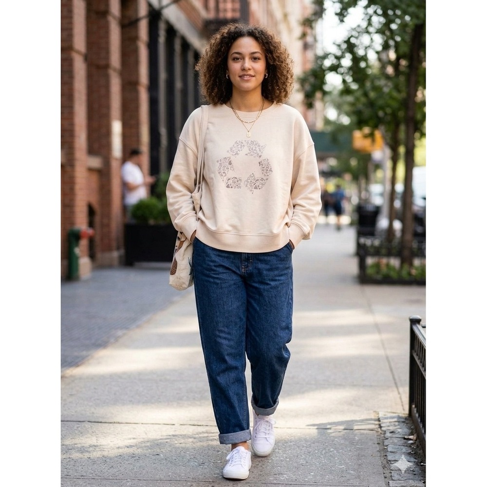 Pact Organic Cotton Recycle Graphic Sweatshirt Cream XXL Pullover Eco-Friendly